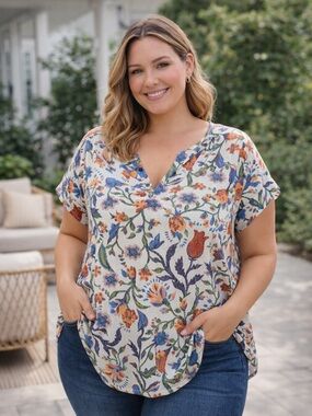 🌸 Reitmans Floral Blouse – Size XL – Lightweight & Airy V-Neck Top